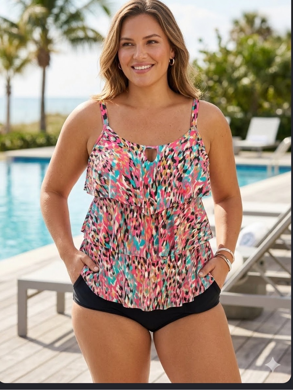 Aqua Green vibrant, multicolor tiered ruffle tankini top women’s 26